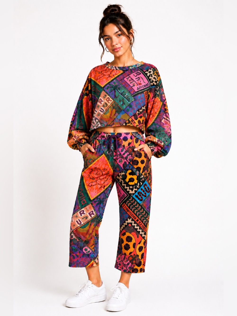 Farm Rio Multicolor Scarf Print Cropped Sweatsuit Set  XS P